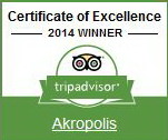The Certificate of Excellence. Awarded to retaurant Akropolis in 2014 by TripAdvisor.
