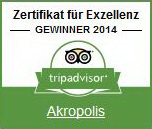 Das Zertifikat für Exzellenz. Verliehen an Retaurant Akropolis im Jahr 2014 von TripAdvisor.